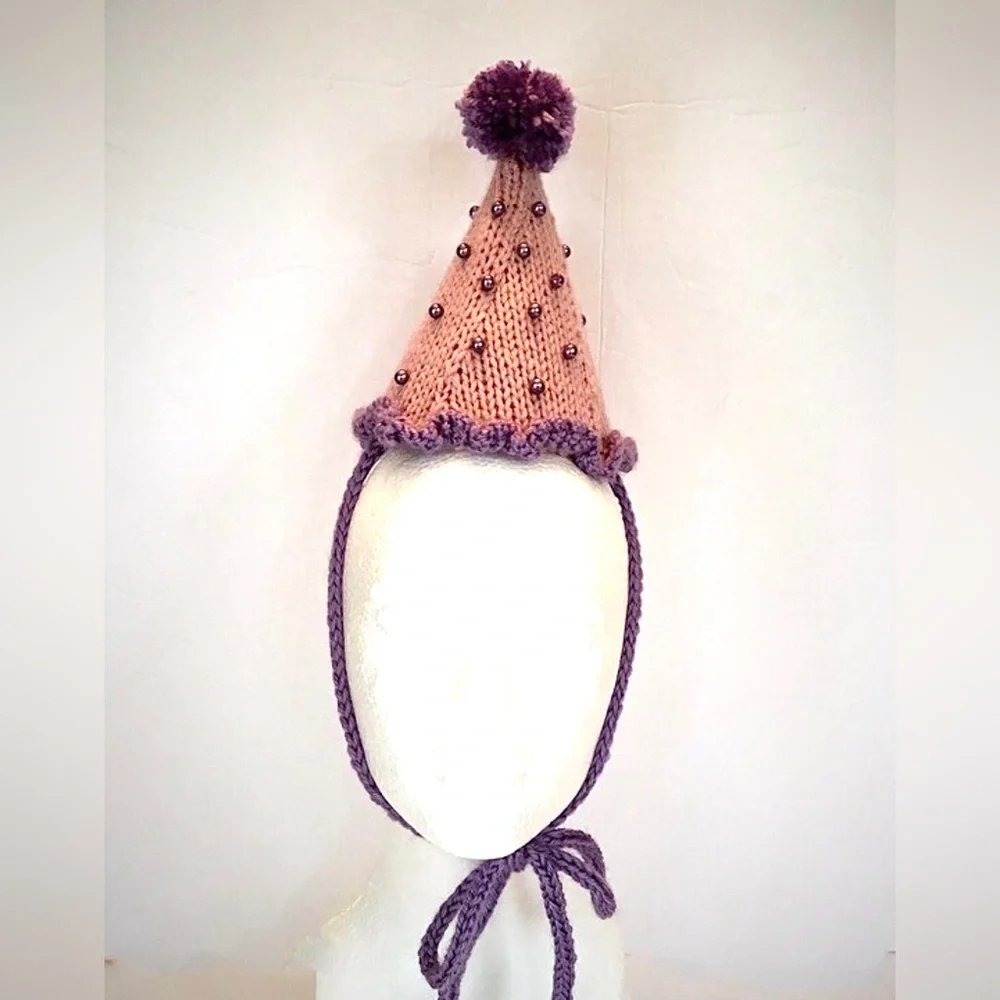 NWT Hand Knit Pink and Purple Party Hat with Faux Pearls One Size Fits Most